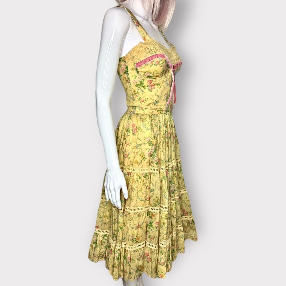 Kitten D’Amour Cottage Core, Fairy, Yellow Floral, Pink Lace Bow Dress - Picture 7 of 10